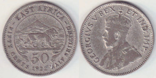 1922 East Africa silver 50 Cents A003718